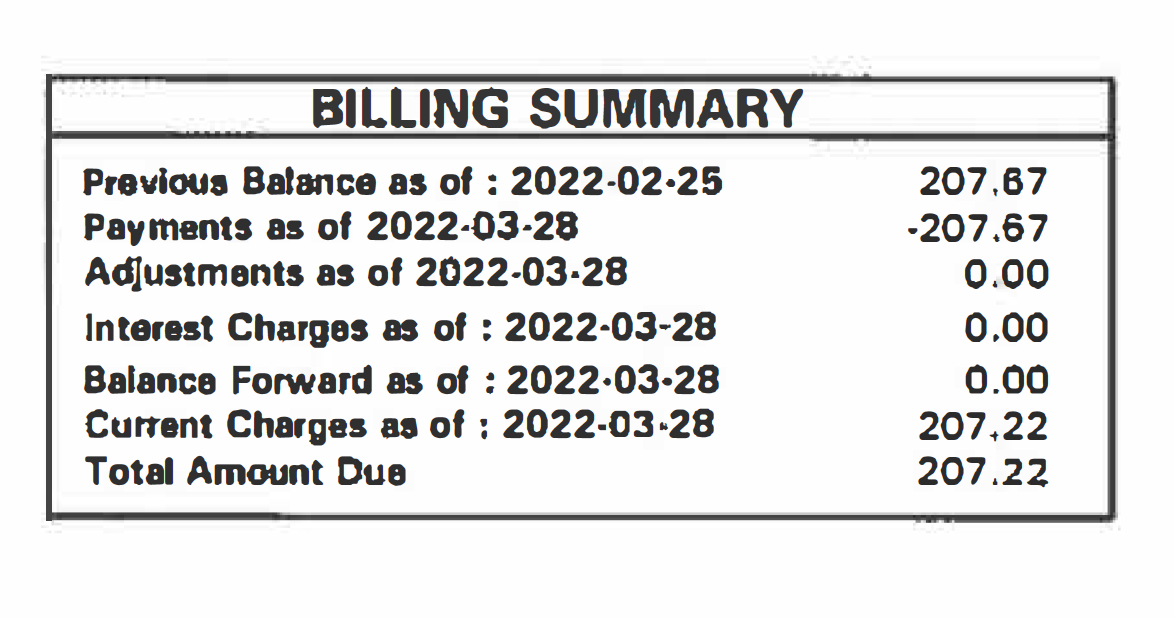 Billing Summary on bill